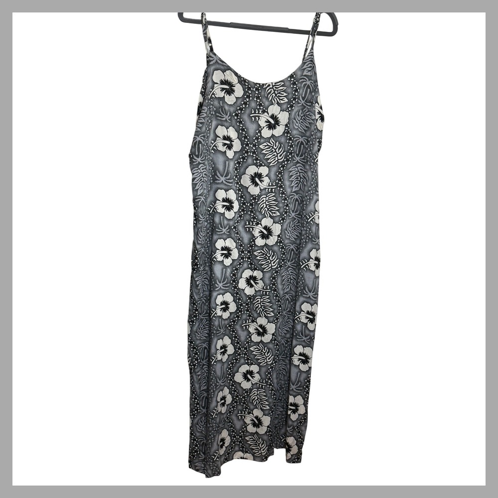 Clear Blue Sky Hawaiian Floral Midi Dress Gray Black White Hibiscus CBS9007 Med